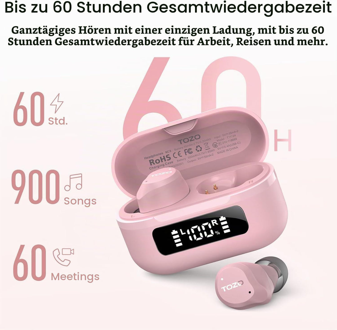 TOZO NC9 In Ear Kopfhörer Kabellos Bluetooth 5.3 mit Hybrid Active Noise Cancelling, 6 Mikrofone für