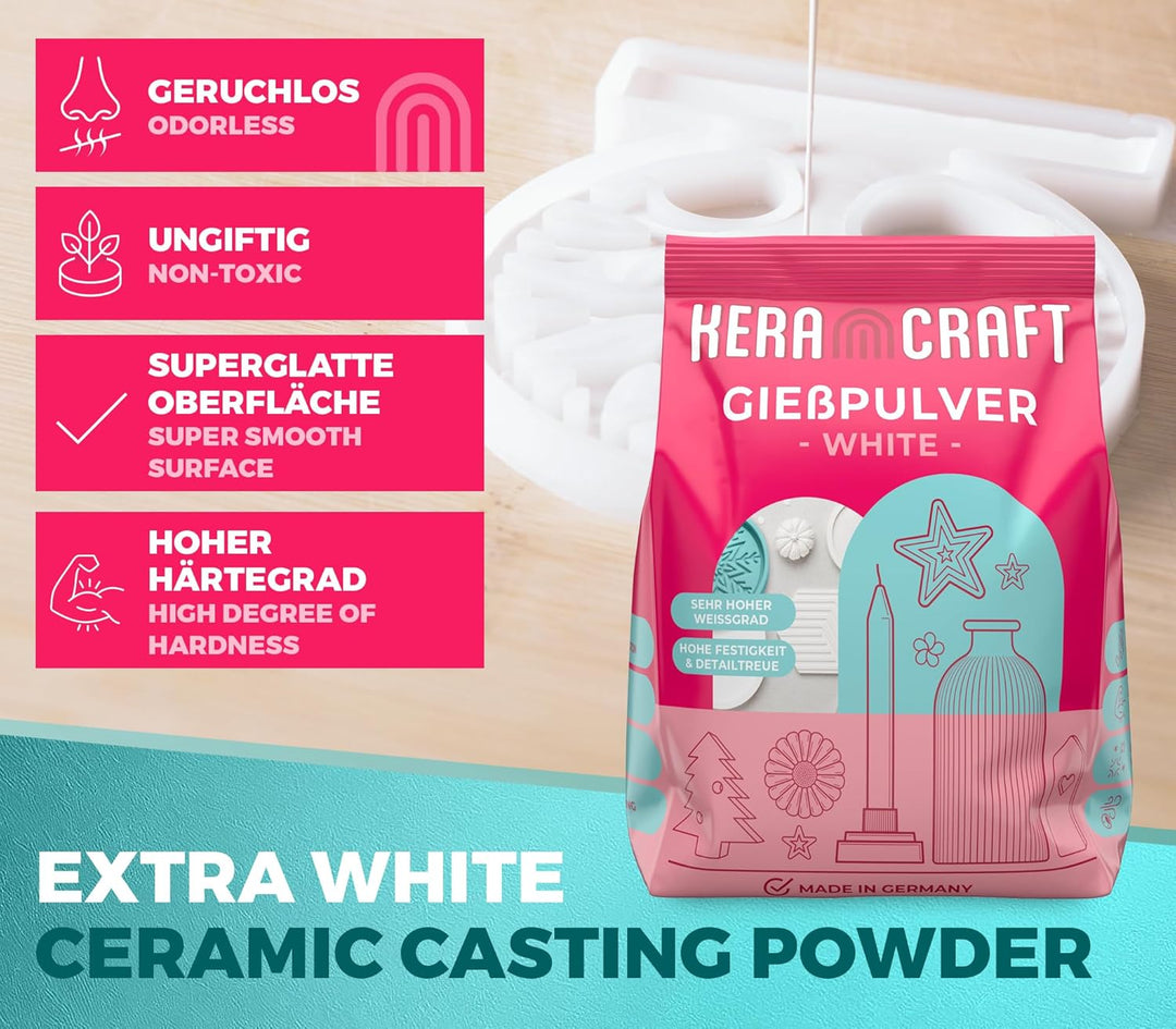 Keracraft Giesspulver weiss 4,5kg mit Silikonbecher 1.000ml und Schneebesen - Reliefgiesspulver weis