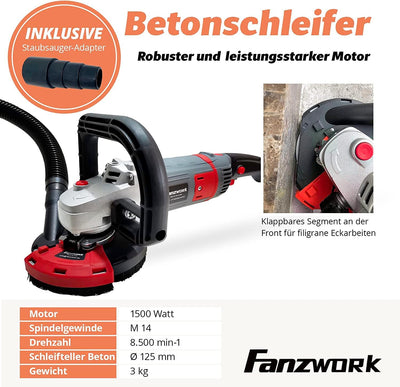 FANZWORK Betonschleifer Betonfräse Set mit Diamantschleiftopf und Absaughaube (1500W/125mm+), 1500W/