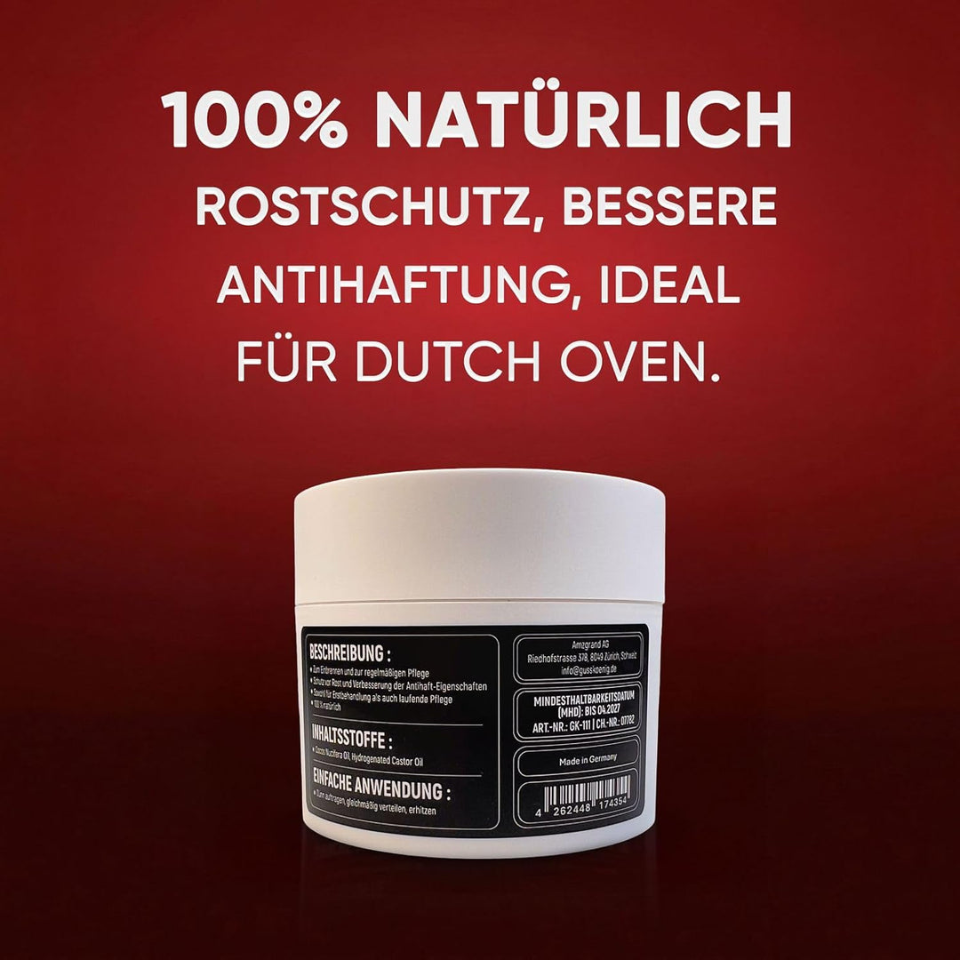 GUSSKÖNIG Gusseisen Pflegepaste 250ml–Made in Germany–100% natürliche Pflege mit Kokosöl &amp; gehärtete