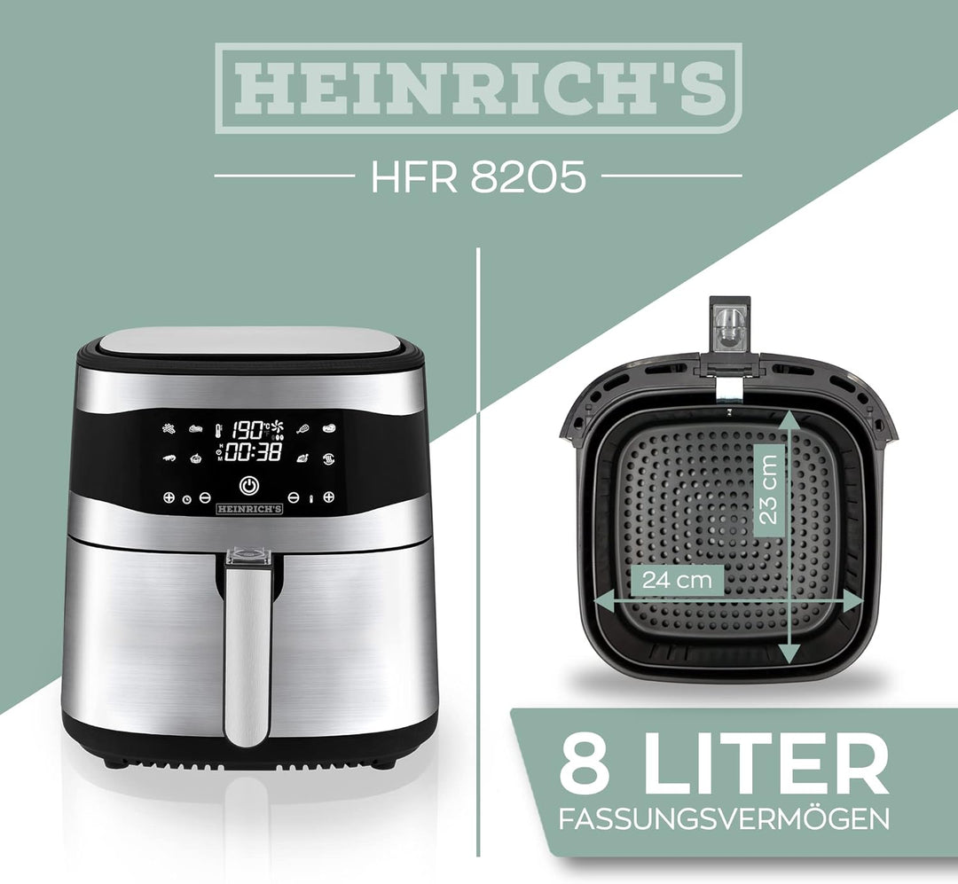 HEINRICHS Heissluftfritteuse Air Fryer aus Edelstahl mit digitalen LED-Display LCD Touch Display, 8