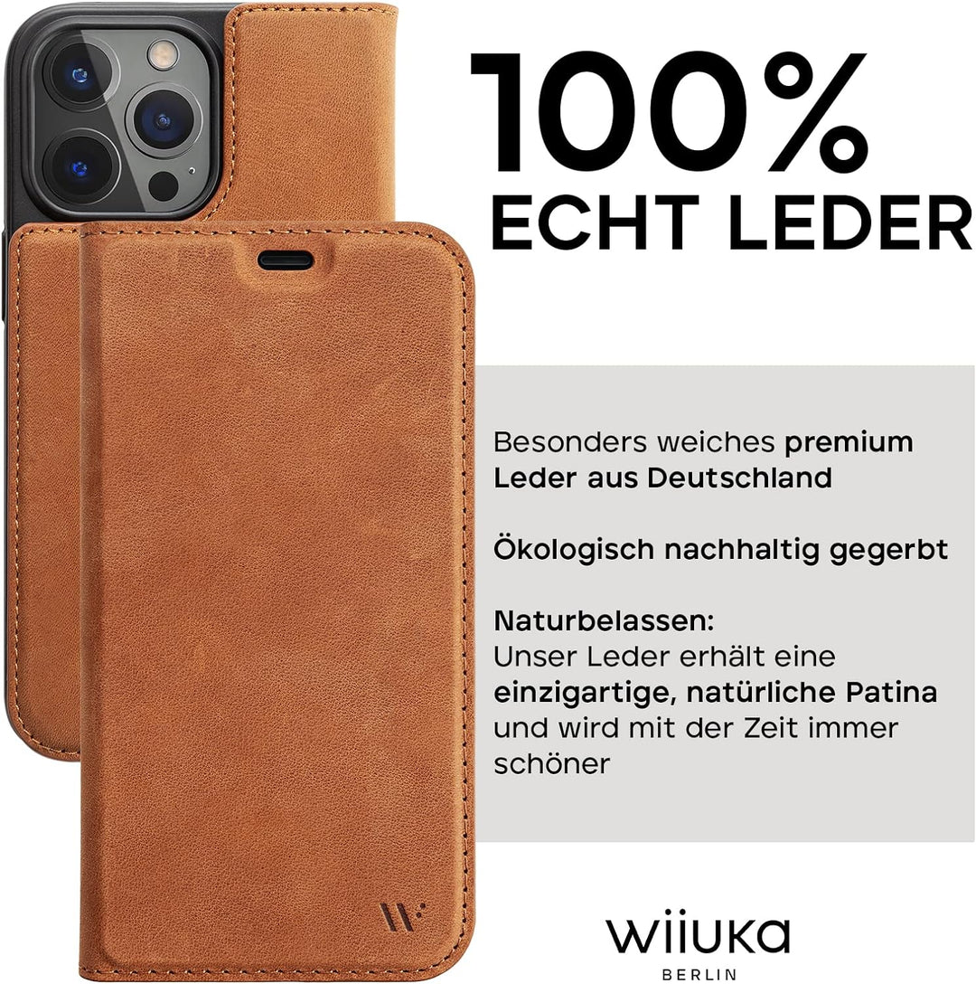 WIIUKA Hülle für iPhone 14 Pro, Leder aus Deutschland, mit Kartenfach, extra Dünn, Handyhülle mit St