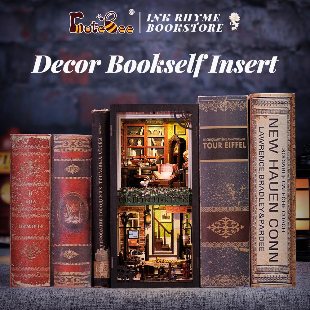 CUTEBEE Book Nook Kit mit Staubschutzhülle–DIY Puppenhäuser Miniatur Haus Kit mit LED-Licht,Booknook