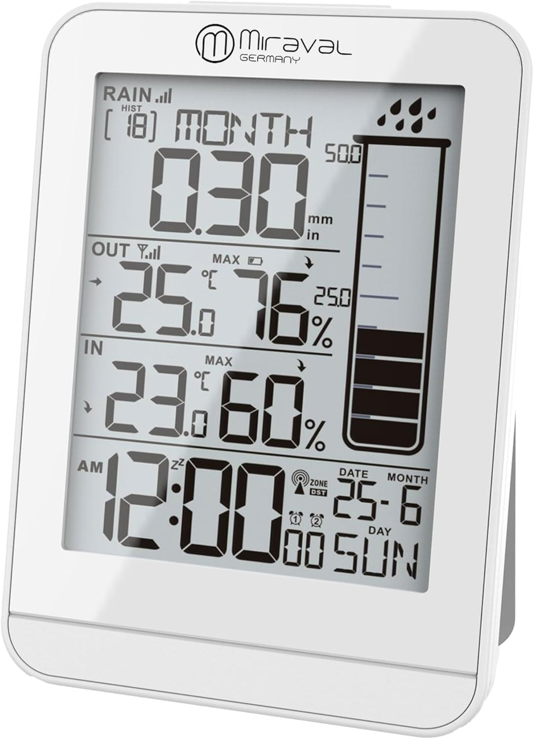Miraval Design Funk-Wetterstation mit Regenmesser Datumsanzeige LCD-Display Temperaturanzeige Hygrom