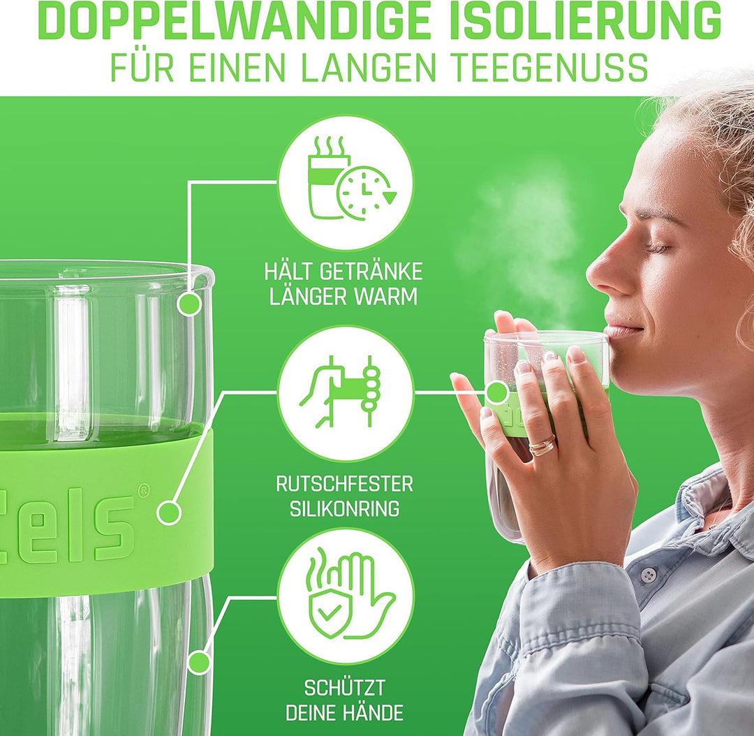 Glasbecher 380ml – mit Sieb Doppelwandig Teetasse mit Edelstahl-Sieb Keramik-Deckel spülmaschinengee