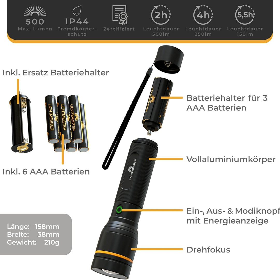 LICHTMEISTER® Taschenlampe (500 Lumen mit AAA Batterien) - Taschenlampe LED - LED Taschenlampe extre
