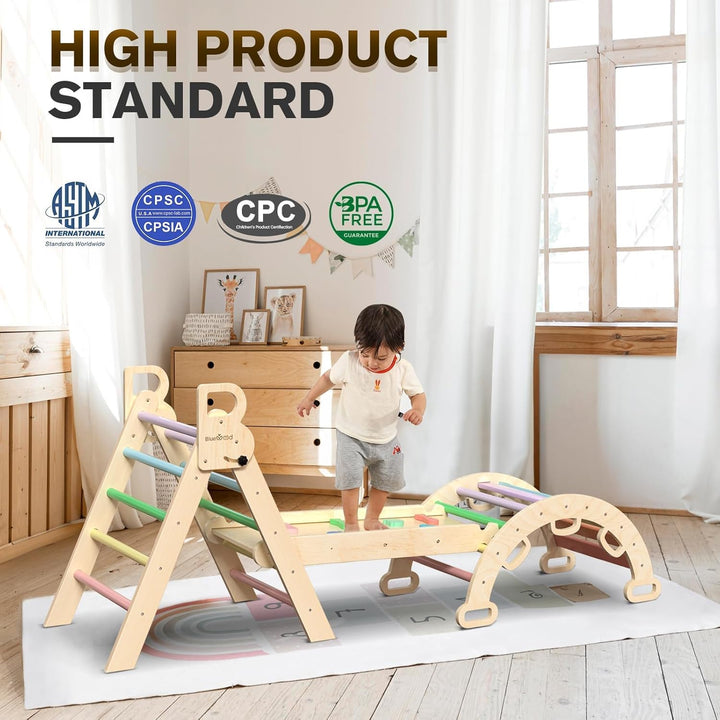 BlueWood 7-in-1 Montessori Kletterdreieck mit Kletterbogen und Rutsche, Holzdreieck für Kleinkinder,