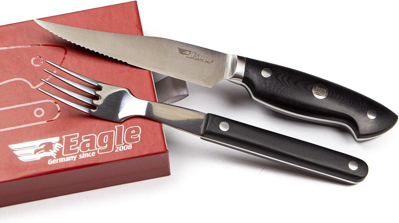 Eagle U-Grip - Steakmesser Set mit Steakgabel - Deutscher Messerstahl 1.4116 / Heftschalen: G10 schw