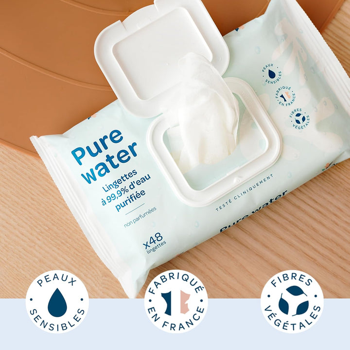 BIOLANE - Baby-Feuchttücher mit 99,9% Wasser - Pure Water - Packung mit 12 x 48 (576 Feuchttücher) -