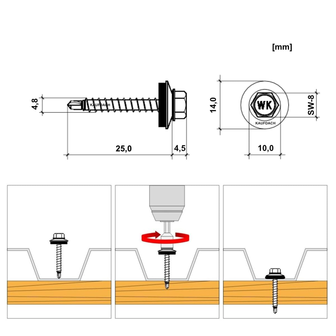 Bohrschrauben 4,8 х 25 mm 250 Stück RAL: 3011 - Braunrot - Trapezblechschrauben - 03130125
