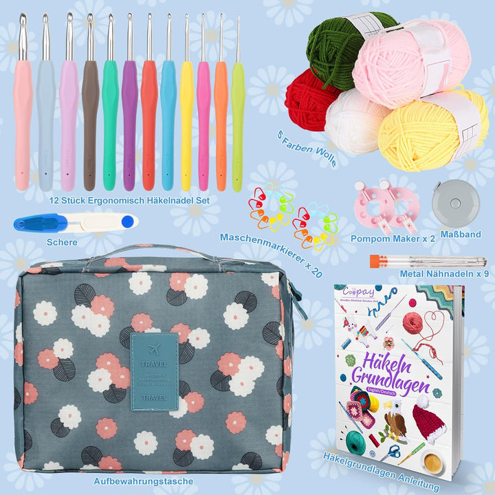 Coopay Häkelset für Anfänger, Blaue Blume Häkelnadel Set mit 2,0-8,0 mm Ergonomisch Häkelnadeln mit