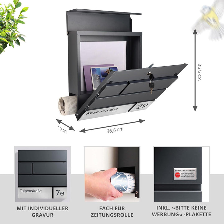 Forgard wetterfester Briefkasten mit Zeitungsfach, personalisierte Briefbox mit Hausnummer und Stras
