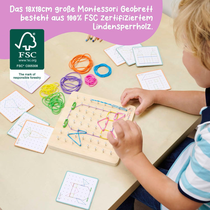 Eichhorn – Montessori – Geometriebrett mit 64 Nägeln und 30 farbigen Gummis, fantasievolles befestig