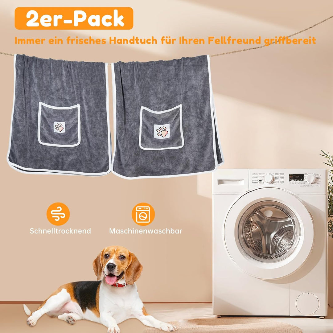 100x50cm Hundehandtuch, 2 Stück Hundehandtuch Extra Saugfähig mit Griffaschen, Mikrofaser-Handtücher