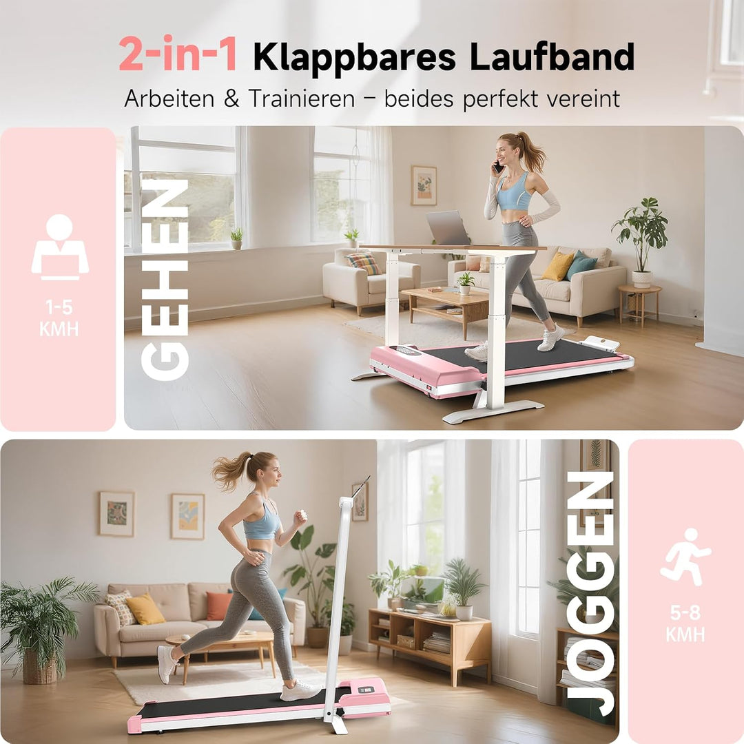 HomeFitnessCode Walking Pad Klappbar mit Neigung Laufband für Zuhause Rosa | Laufpad mit Steigung 1-
