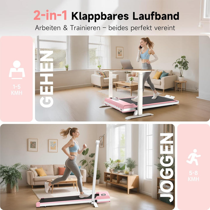 HomeFitnessCode Walking Pad Klappbar mit Neigung Laufband für Zuhause Rosa | Laufpad mit Steigung 1-