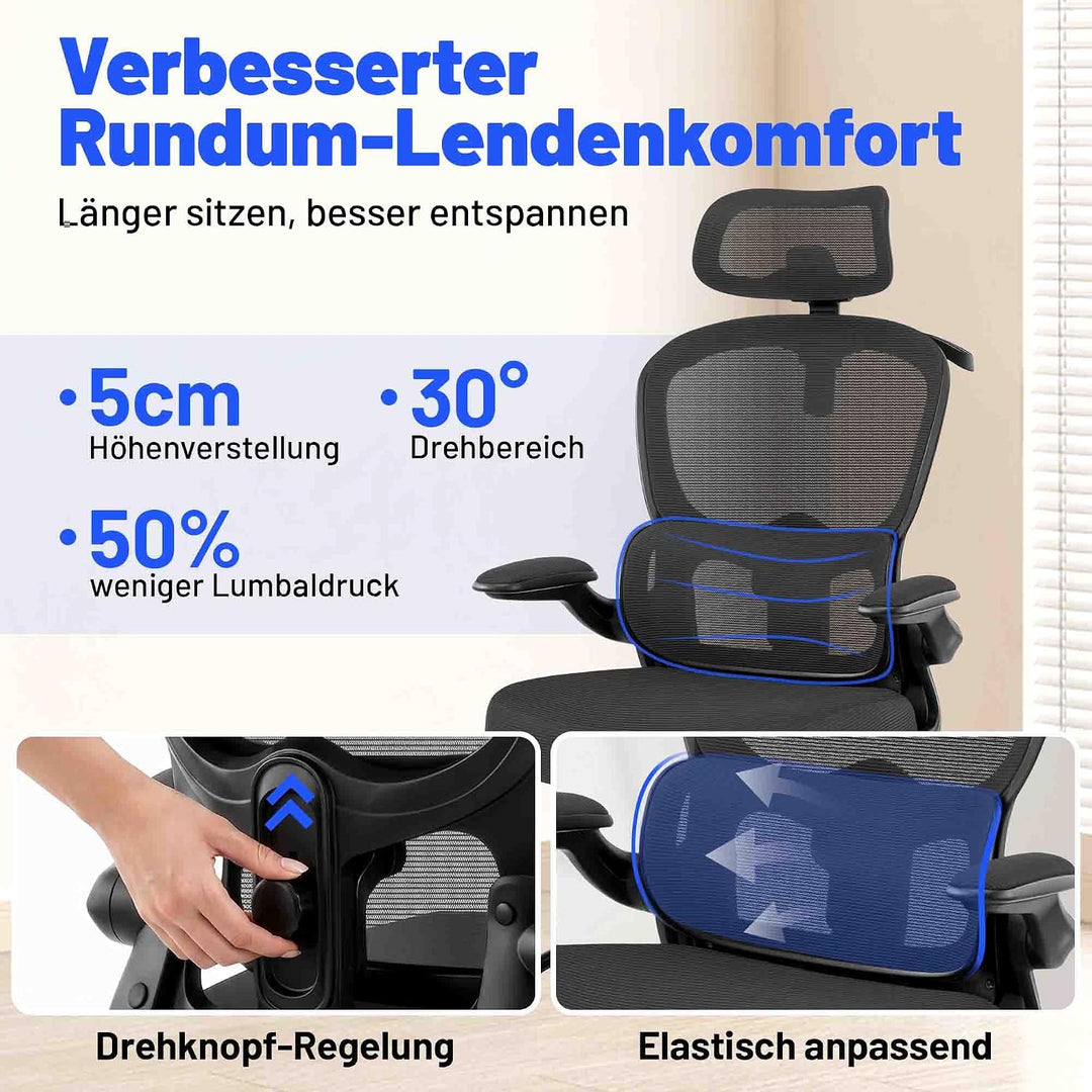 Bürostuhl Ergonomisch mit Kopfstütze, Verstellbarer Lendenwirbelstütze &amp; Netzbespannung, Höhenverste