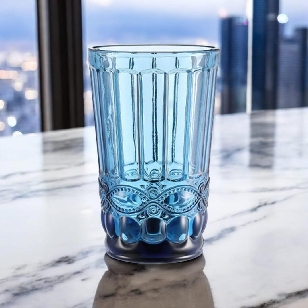 Vintage 6er-Set Farbige Weingläser und Trinkgläser mit Prägung Relief (Schleife, Blau, 400 ml) Weing