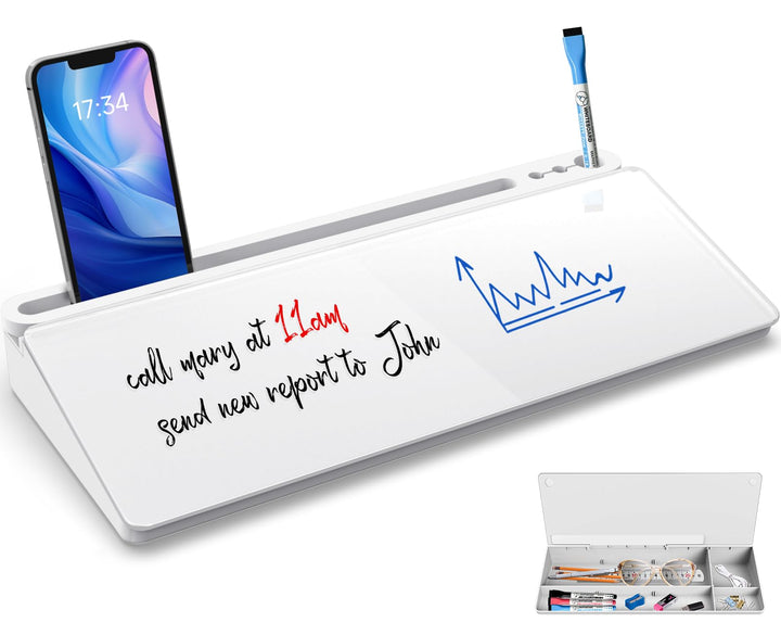 Schreibtisch Desk Organizer Whiteboard - Für kurze Notizen & Erinnerungen, Aus weissem Glas mit Schu