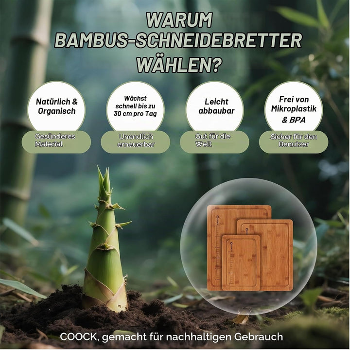 Bambus Schneidebrett-Set mit Halter – 3 Stück (Gross 40x30, Mittel 33x26, Klein 26x18 cm) – Carbonis