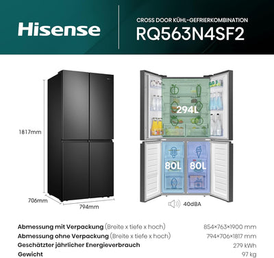 Hisense RQ563N4SF2 Cross Door Kühl-Gefrierkombination/ NoFrostPlus/ Inverter-Kompressor/ HolidayMode