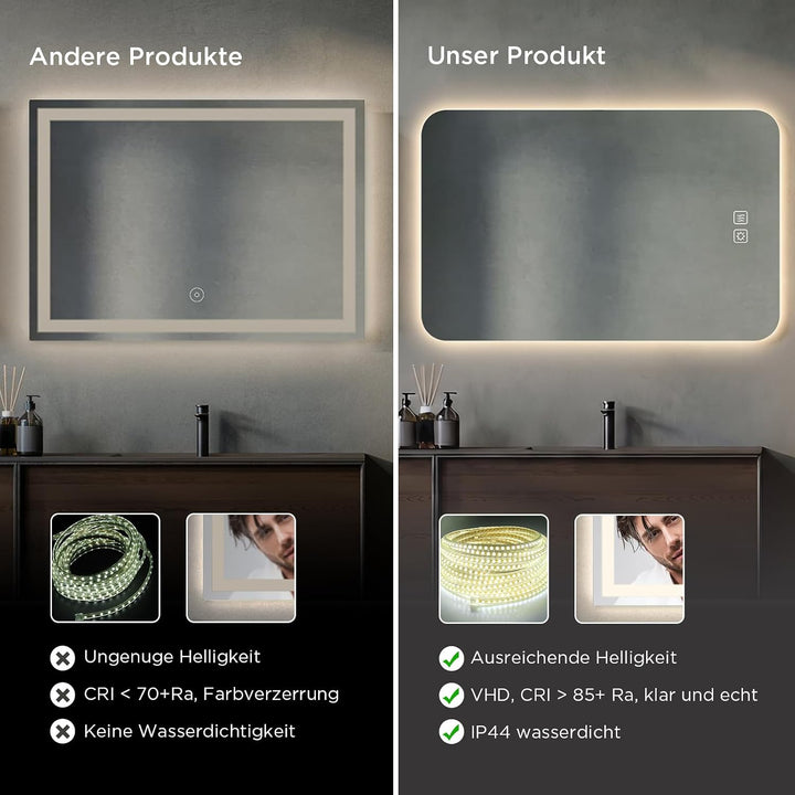 SANYCASA Backlight LED Badspiegel 50x70 cm – Wandspiegel mit Touch-Schalter, 3 Lichtfarben dimmbar,