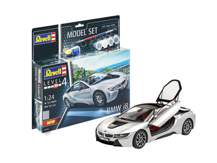 Revell 67670 Model Set BMW i8 originalgetreuer Modellbausatz für Fortgeschrittene, mit Basis-Zubehör