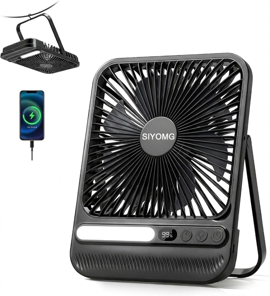 10000mAh Akku Ventilator, Sehr Leiser Tischventilator mit Lampe, 23 cm hoch, bis zu 28 Std. Laufzeit