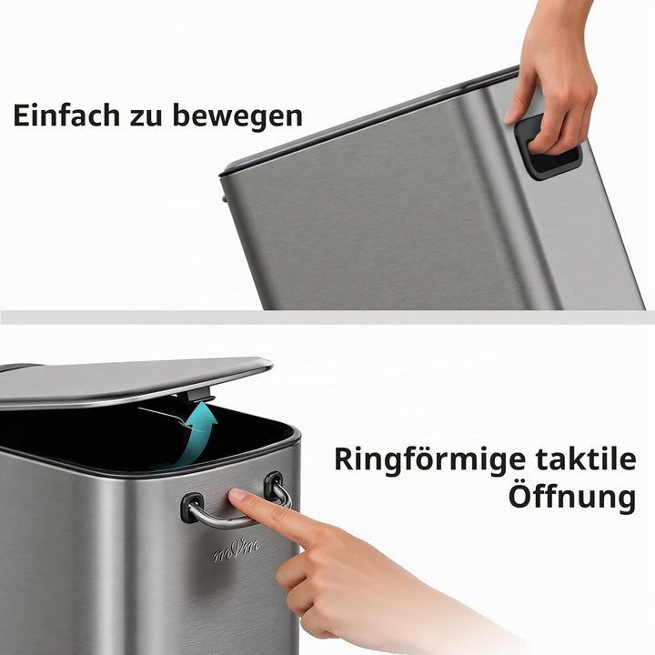 mVm Mülleimer Edelstahl, 6L, Handbetätigter Abfalleimer, Soft-Close Absenkautomatik, Herausnehmbarem