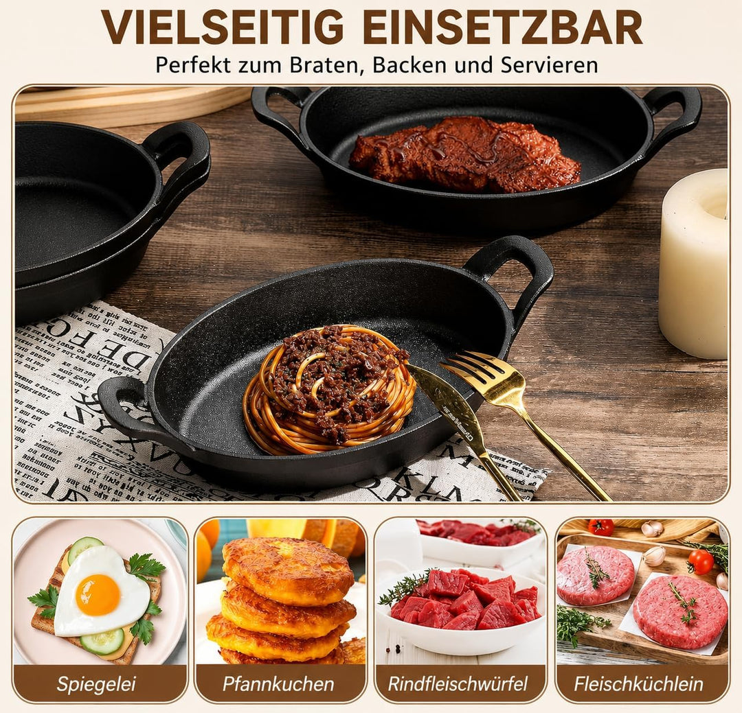 4 Stück Mini Gusseisenpfanne – Kleine Gusseiserne Bratpfanne Schwarz Matt, Servierpfanne Auflaufform