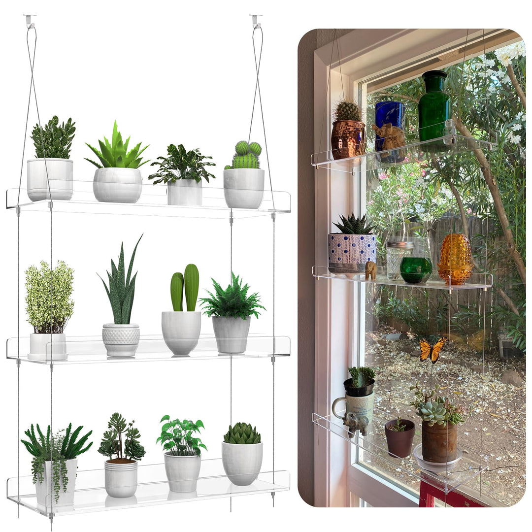 Hängendes transparentes Pflanzenregal für Fenster, 3-stöckiges Acryl-Fensterwand-Pflanzenständer für