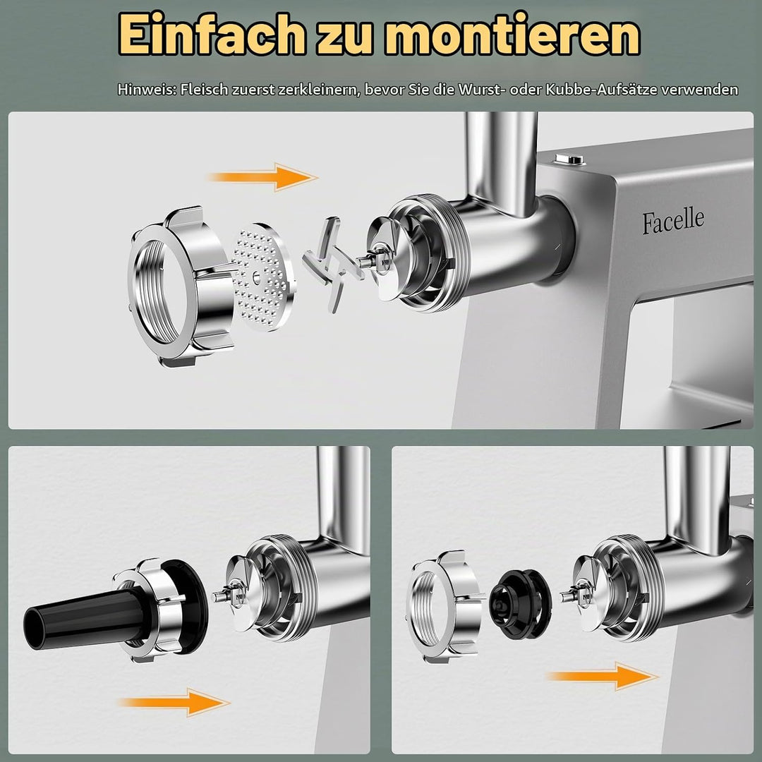 Facelle Fleischwolf Elektrisch Hausgeräte, 2000W mit Edelstahlklingen und 3 Edelstahl Lochscheiben,