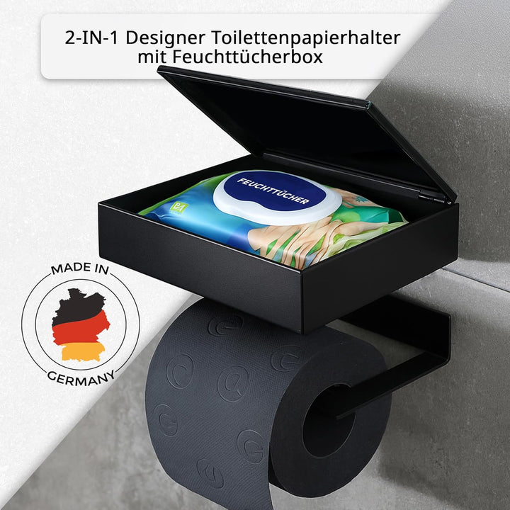 Toilettenpapierhalter mit Feuchttücherbox - Gehäuse Schwarz & Abdeckung Glas Schwarz - befüllbar von