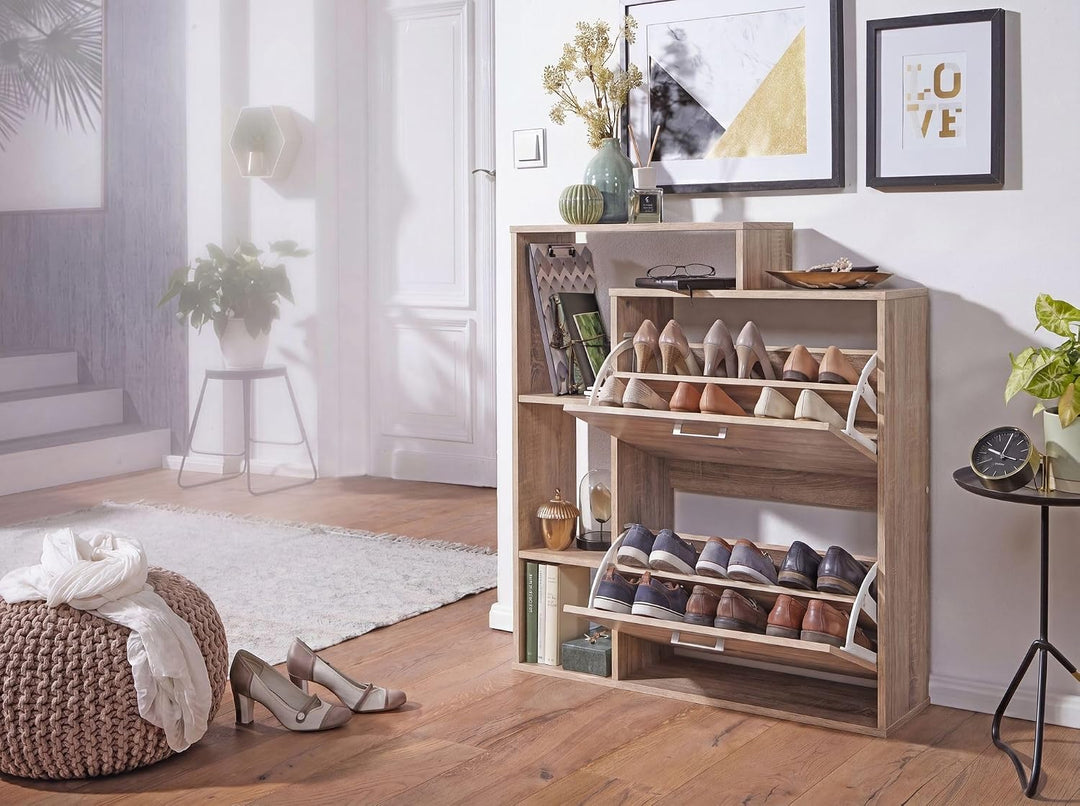 FineBuy Moderner Schuhkipper MASSA Holz 2 Fächer Sonoma Eiche 12 Paar Schuhe, Schuhschrank 85 x 24 x