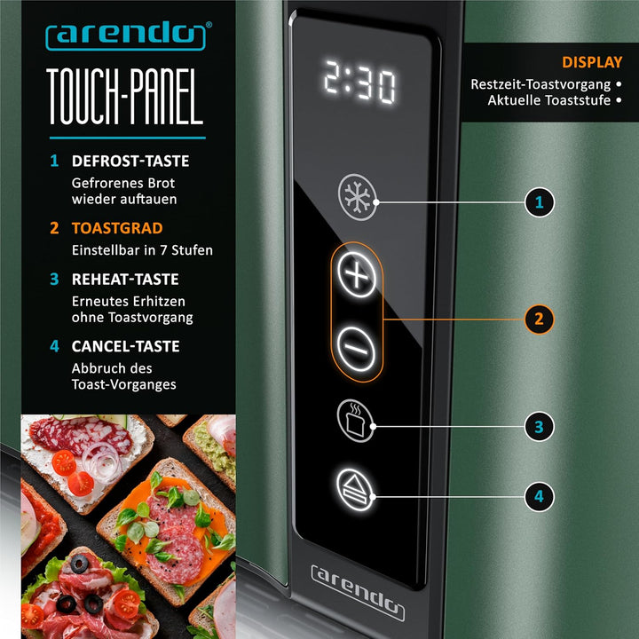 Arendo - Edelstahl Toaster Langschlitz 4 Scheiben- Touchscreen – Doppelwandgehäuse – 1500 W – Integr