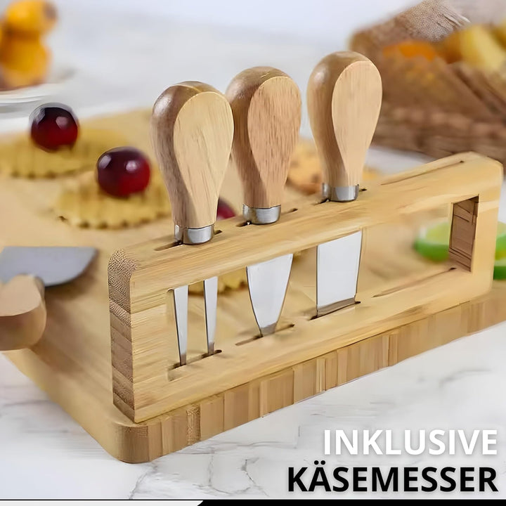Servierplatte aus Bambus – 35 x 28 cm Käseplatte Set mit 2 Dip-Schälchen, 4 Käsemessern, 6 Gabeln &