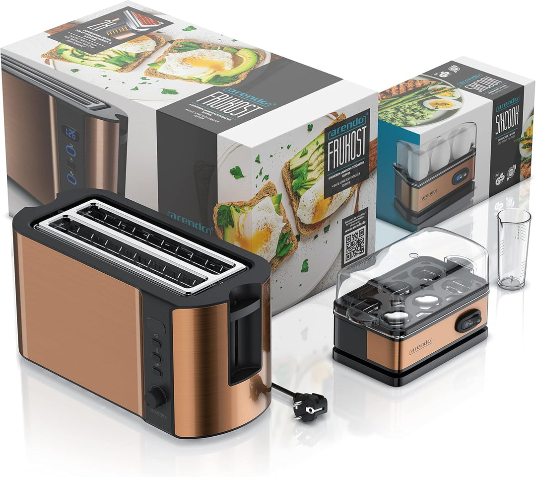 Arendo - Set Eierkocher SIXCOOK mit Toaster FRUKOST Edelstahl Kupfer, Toaster 4 Scheiben, LED-Displa