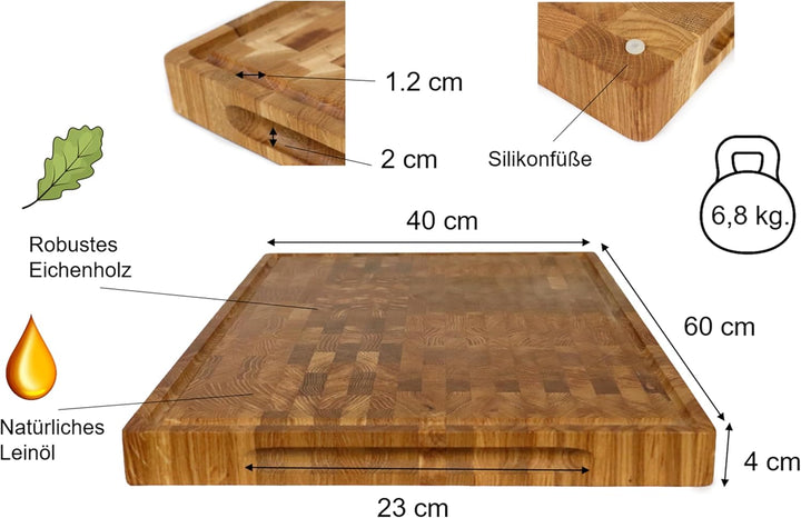 B4K® Profi-Küchenbrett-Set aus Eiche – Stirnholz Schneidebrett 40×30×6 cm mit Auffangschale + Hackbl