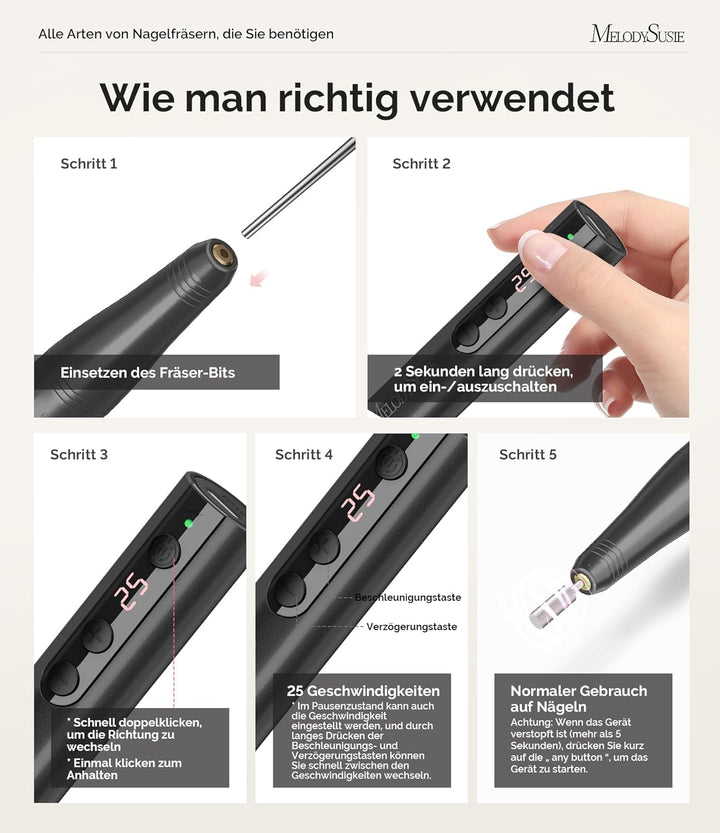 MelodySusie Kabellose Elektrische Nagelfräser 11 in 1 Kit, PC180F 25000RPM Tragbare Nagelfeile Set f