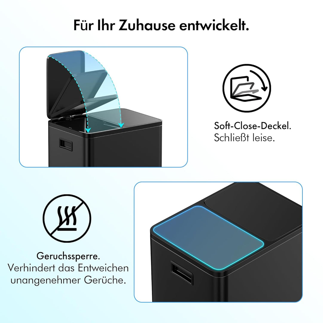 VonHaus Mülleimer 30L, Mattschwarz, Küchenmülleimer 2 Fächer, Doppelmülleimer 2 x 15L, Mülltrennsyst