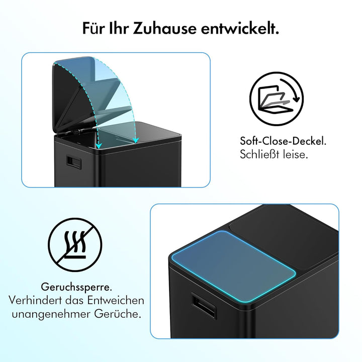 VonHaus Mülleimer 30L, Mattschwarz, Küchenmülleimer 2 Fächer, Doppelmülleimer 2 x 15L, Mülltrennsyst