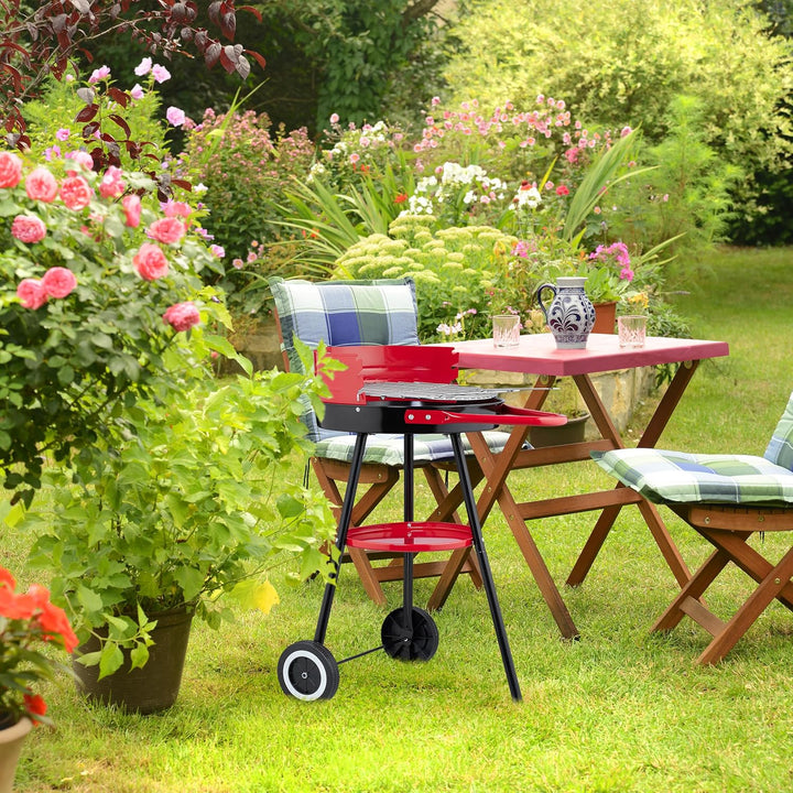 Relaxdays Holzkohlegrill mit Rollen, Ø 42 cm, Picknickgrill Garten & Park, Griller, Windschutz, Rund