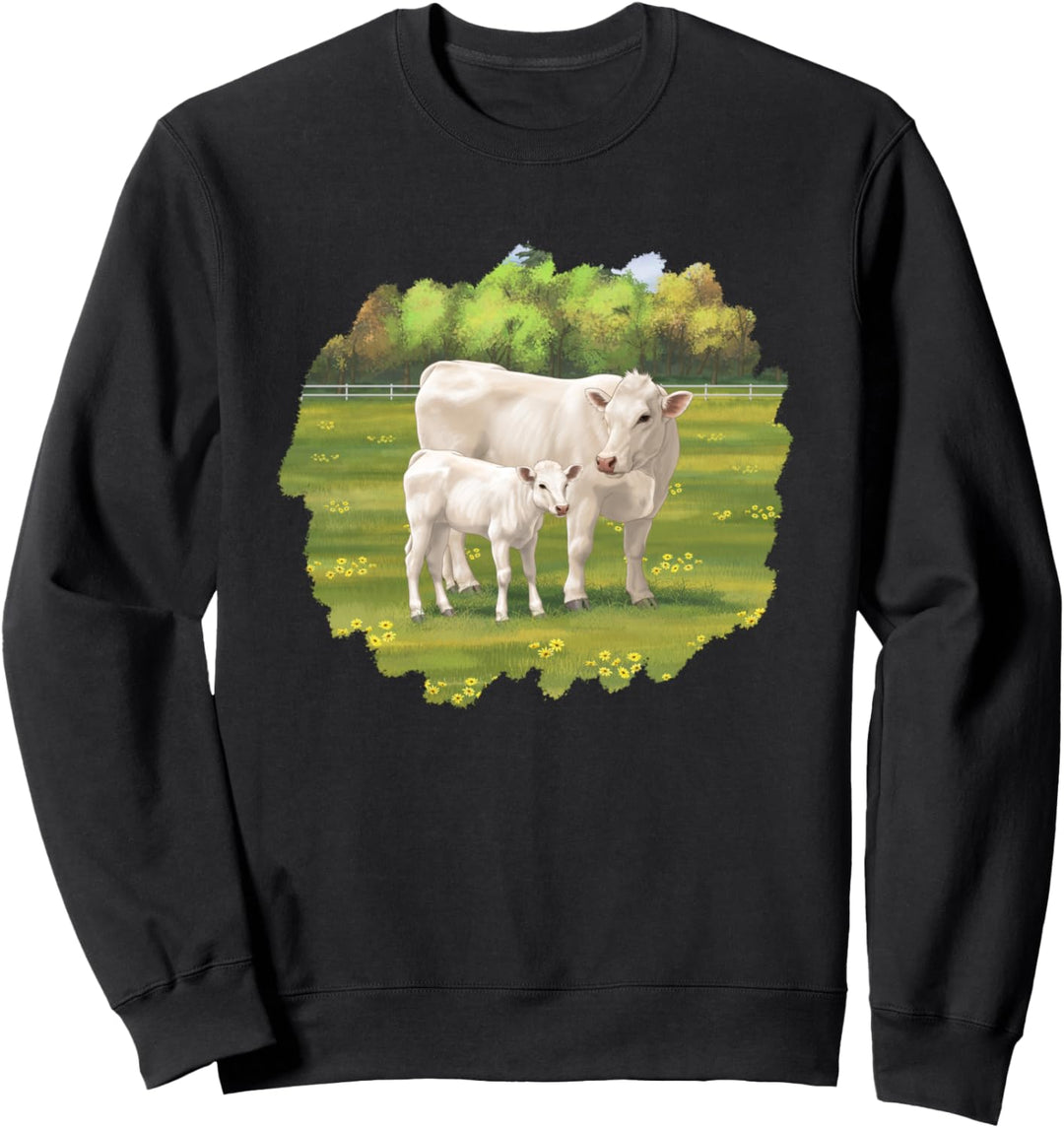 weiss Charolais-Kuh und Kalb Bauernhof-Tiere Sweatshirt