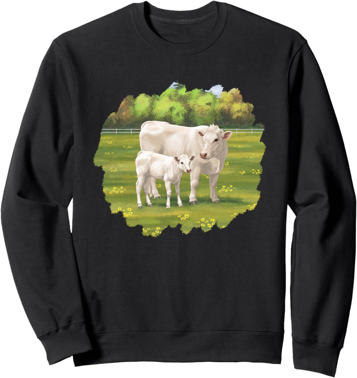 weiss Charolais-Kuh und Kalb Bauernhof-Tiere Sweatshirt
