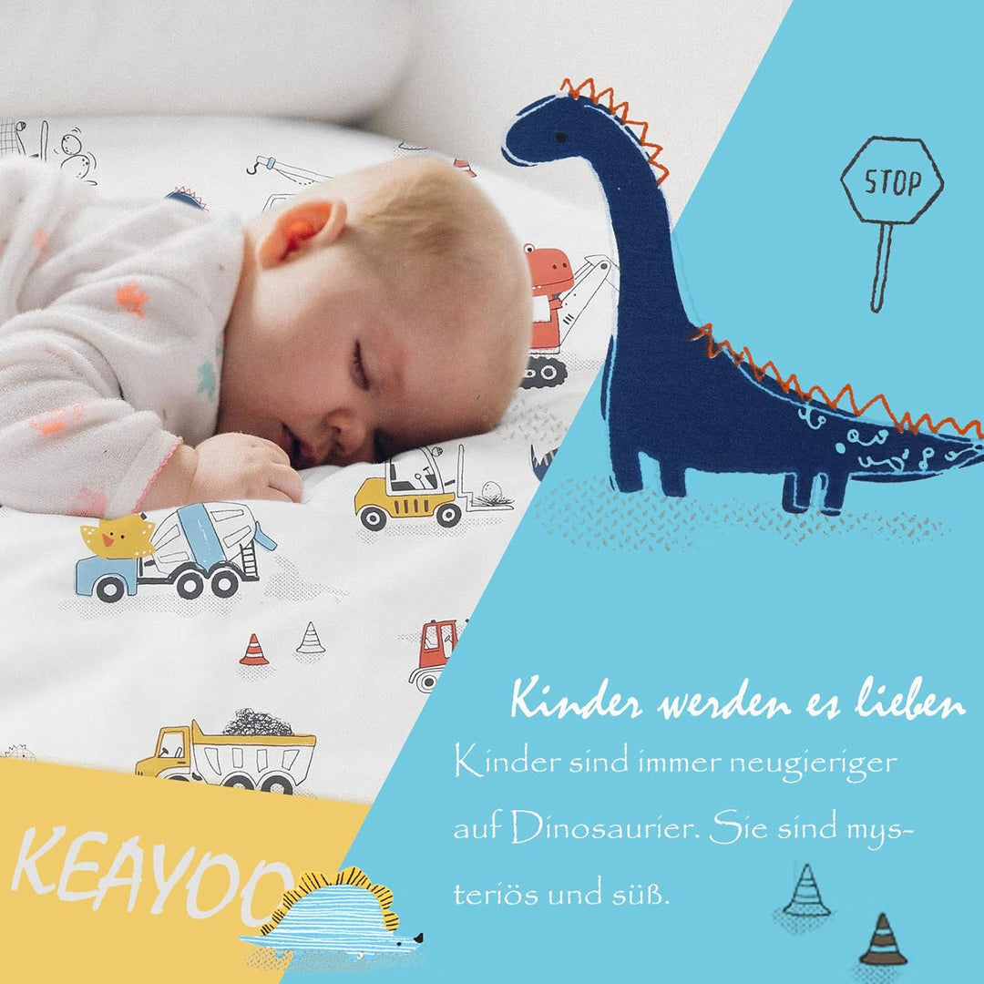 Kinderbettwäsche 100 x 135 Jungen Mädchen 100% Baumwolle Reissverschluss Dinosaurier bunt Babybettwä