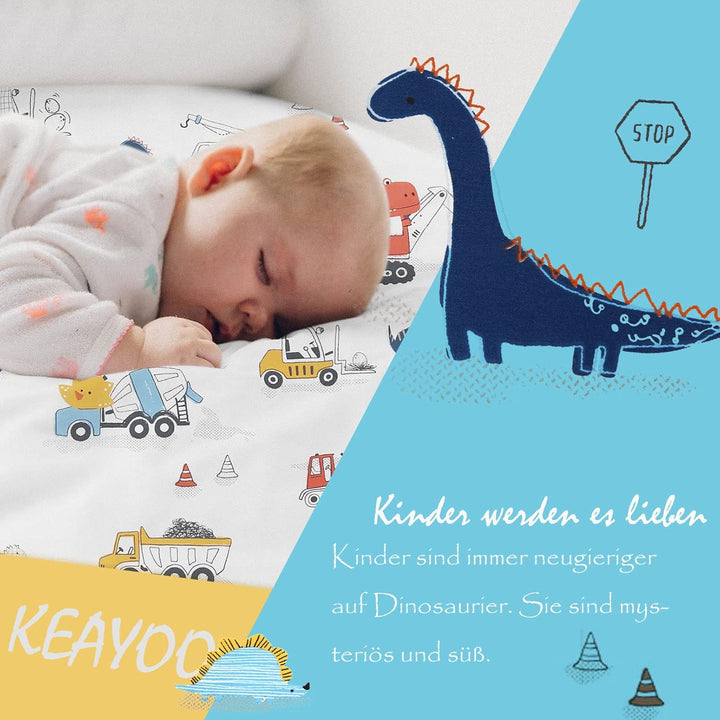 Kinderbettwäsche 100 x 135 Jungen Mädchen 100% Baumwolle Reissverschluss Dinosaurier bunt Babybettwä