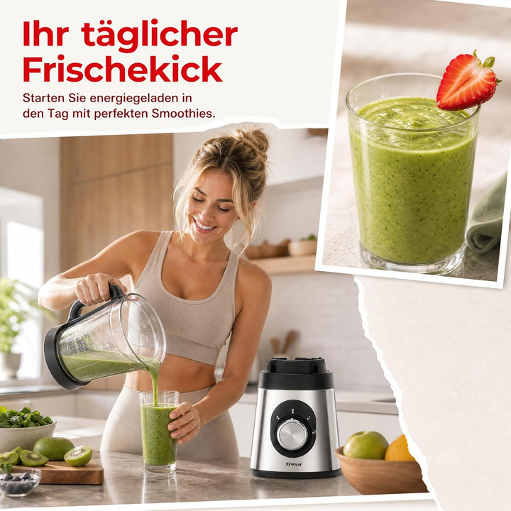 Trisa Standmixer Royal Crush 800W | Hochleistungs-Smoothie-Maker mit 1,5L Glasbehälter | Ice Crusher