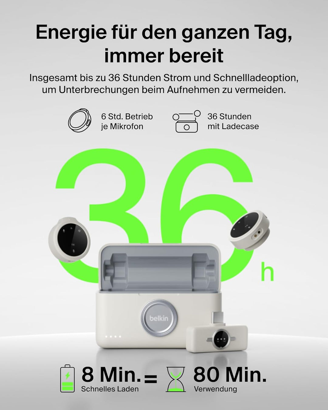 Belkin Stage Mini Mikrofon kabellos, 2er Set mit Clip für iPhone, Android, 24-Bit/48 kHz, 36 Std. Ak