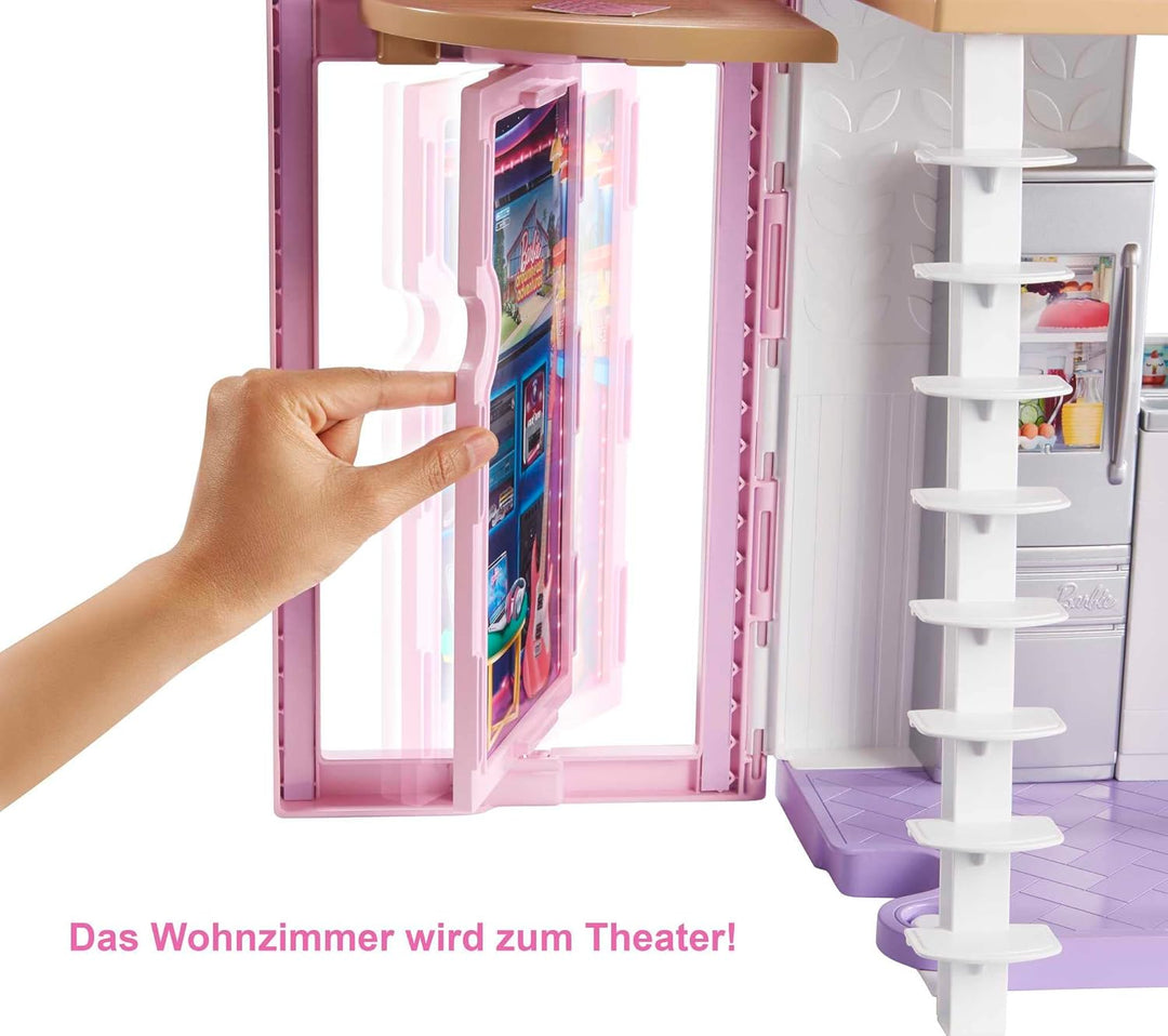 Barbie Malibu Haus, zweistöckige Traumvilla, mit 6 Zimmern, 25+ Barbie Zubehör, ohne Barbie Puppen,