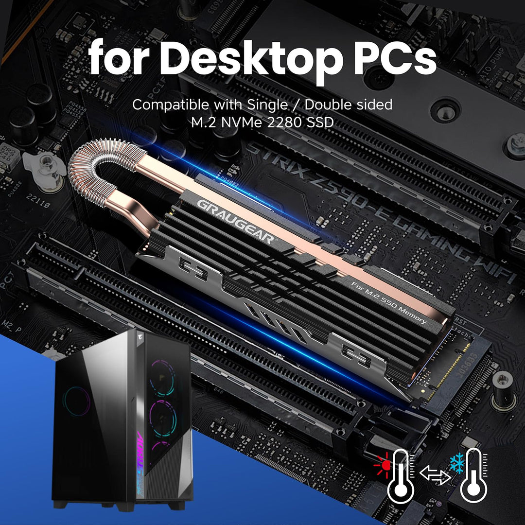 GRAUGEAR HeatPipe-Kühlkörper für M.2 NVMe SSD (2280), für PC, Computer Speichererweiterung, mit Ther